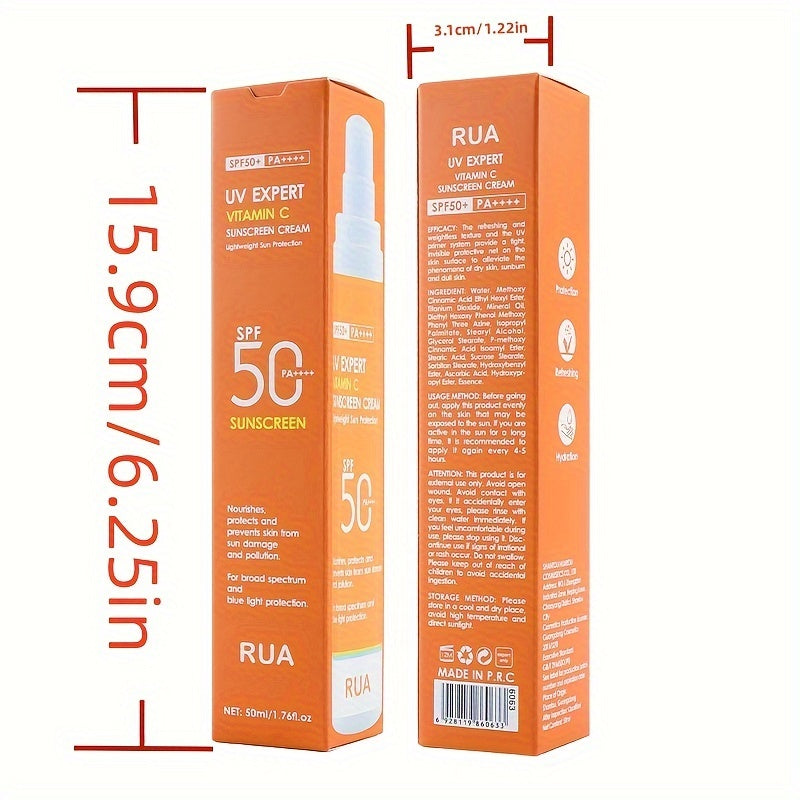 Non-greasy Vitamin C sunscreen for face and body, ideal for outdoor activities on sunny days.