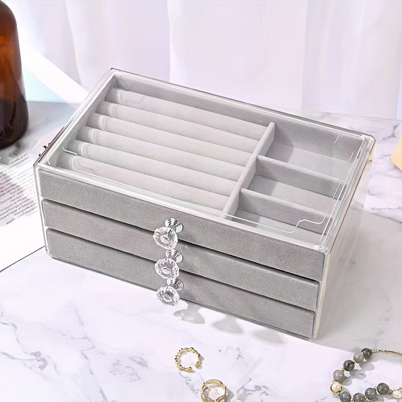 Jewelry Box with Three Layers for Organizing Earrings, Necklaces, and Rings, Transparent Design with Anti-Oxidation Protection