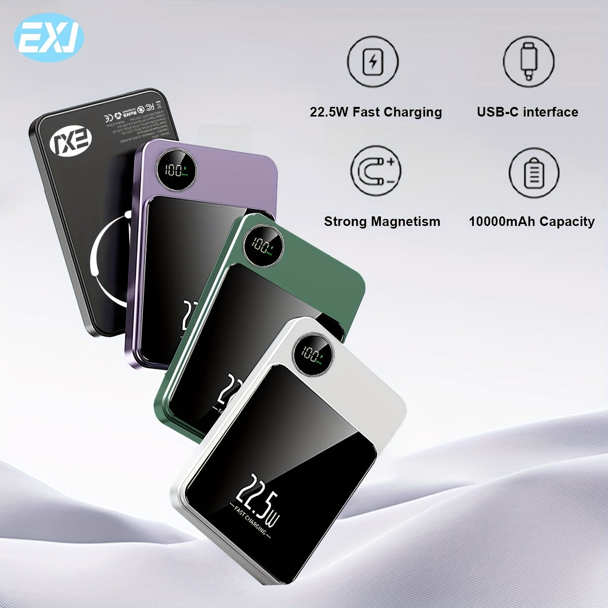 EXJ-PD 22.5W Magnetic Power Bank with USB-C cable, LED display, Mag-Safe, and PD fast charging for iPhone 16/15/14/13/12 models.