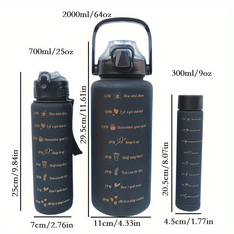 Motivational water bottle set with three sizes (300ml, 700ml, 2L) for sports and outdoor activities. Great for camping, hiking, and fitness. Perfect for summer and also makes a great birthday gift.