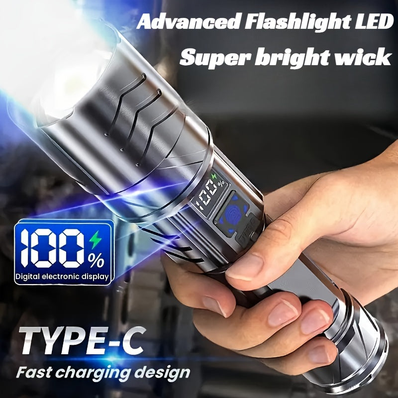 Tactical flashlight with digital display, rechargeable battery, USB charging, 350-500 lumen, 200-500m range, metal finish, ABS material, outdoor spotlight.