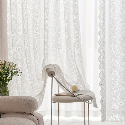 Sweet and romantic, this sheer curtain features a delicate bead lace small flower design in white. Perfect for adding a touch of softness and charm to your living room, bedroom, or dining room decor. This rod pocket curtain is also suitable for cabinet