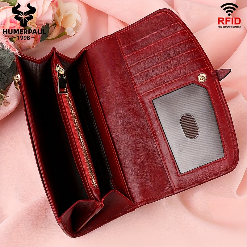 Red RFID blocking long clutch wallet with snap closure, zipper, coin pocket, and multiple card slots.