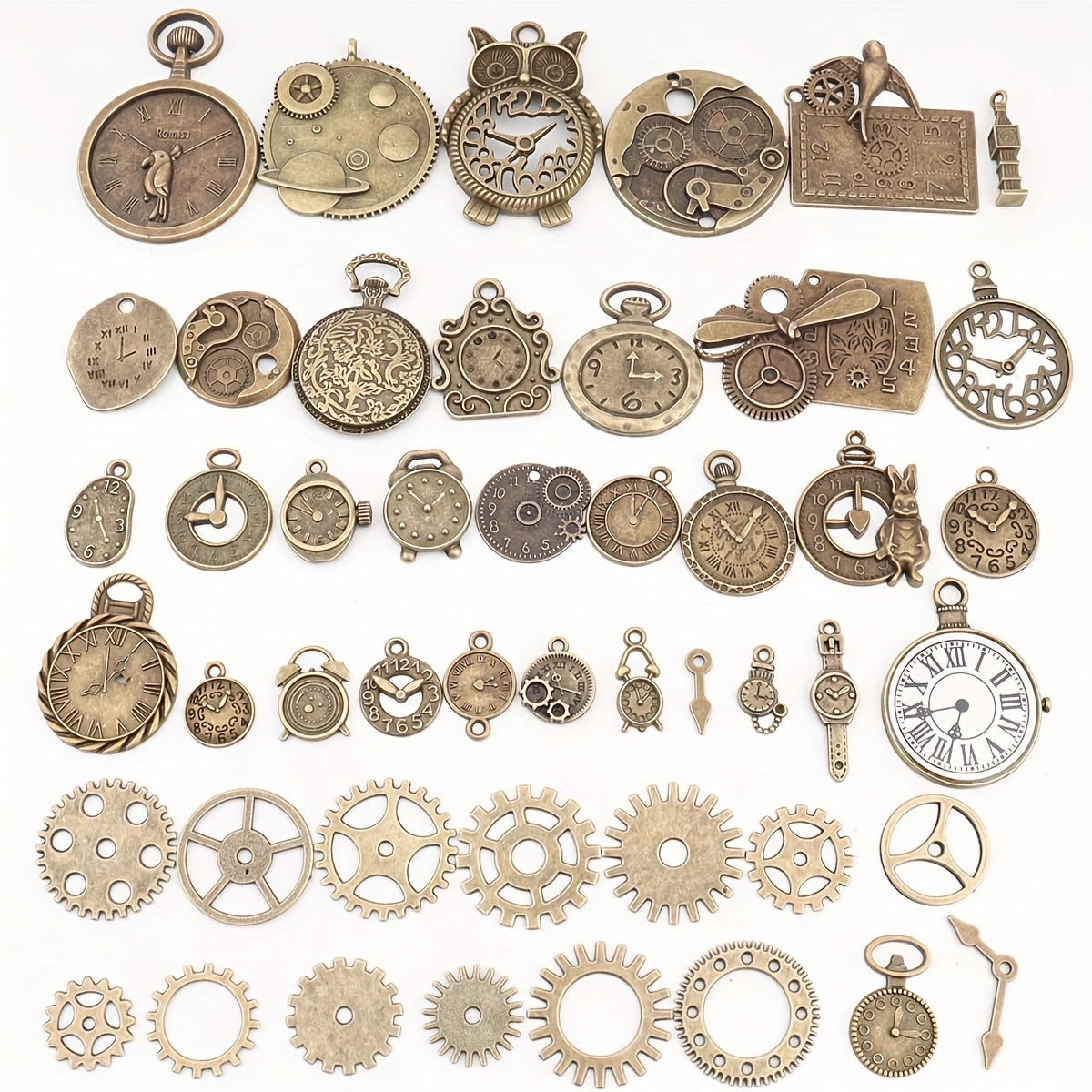 [Best-Selling] Set of 160 Vintage Bronze Alloy Charms - Steampunk Mechanical Gear & Clock Pendants for DIY Jewelry Making, Retro Style with Antique Bronze Finish