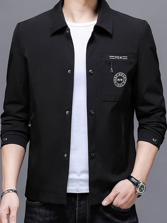 Men's stylish black button-up jacket featuring a "FEM" patch, perfect for casual and formal events in fall and spring. Made of polyester, single-breasted, and long-sleeved.