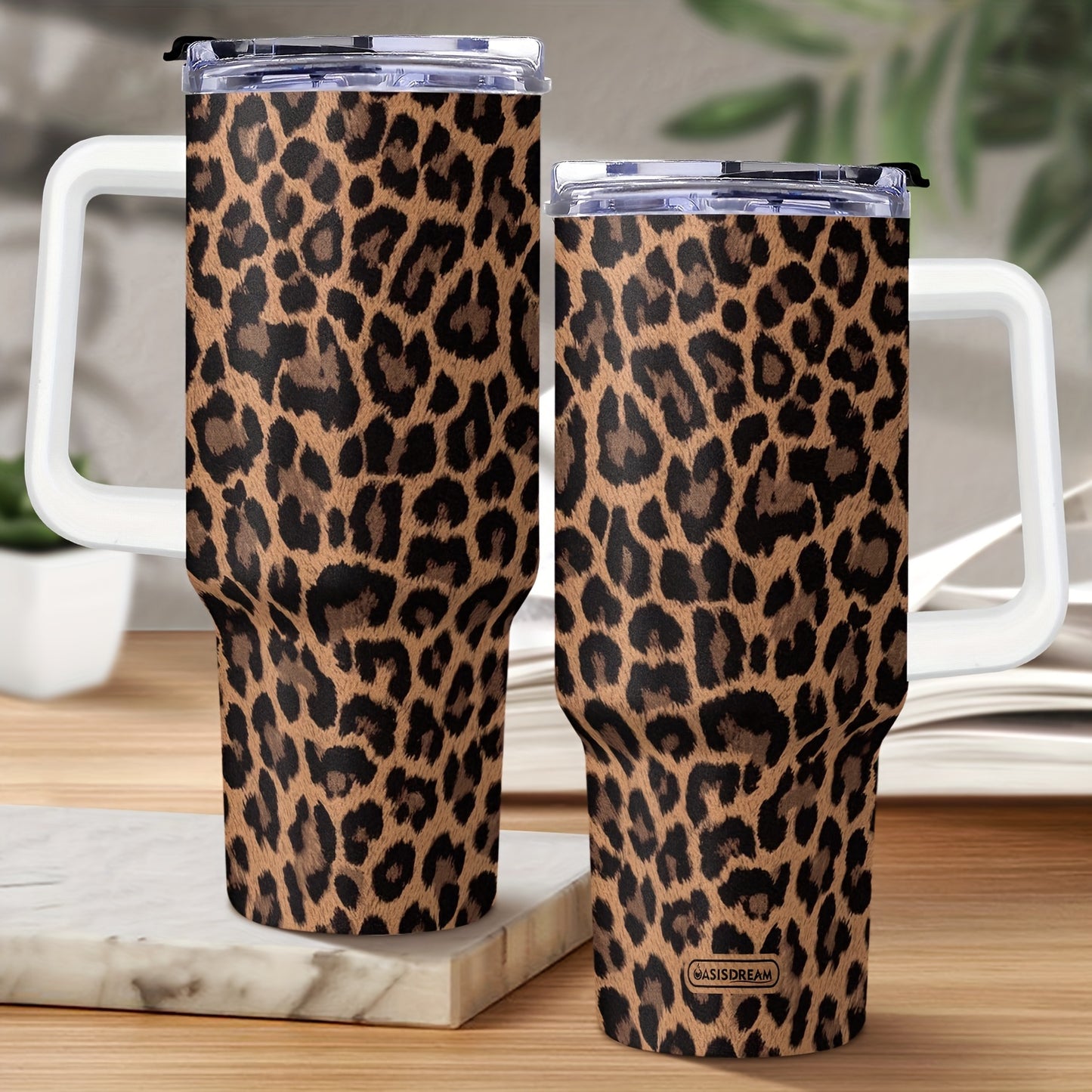 Adiffly 40oz Stainless Steel Tumbler with Handle, Lid, Straws - BPA-Free Double-Wall Vacuum Mug - Leopard Print - Maintains Temperature for Hours - Hand Wash Only - Cup Holder Compatible