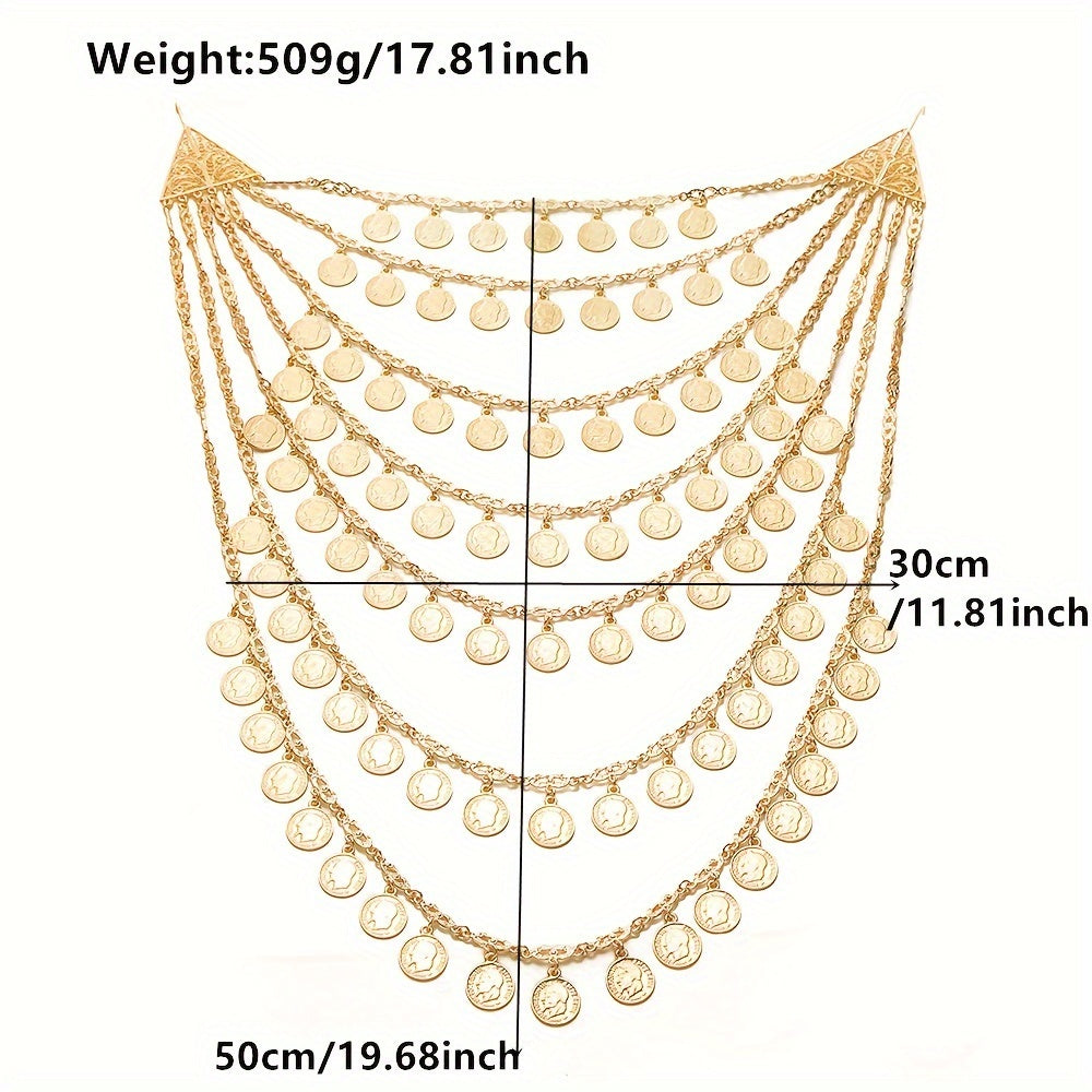 A stunning chest chain for a luxurious Arabic bride, featuring heavy handmade metal gold-plated portrait coin links. Perfect for adding elegance to wedding dress body accessories, this piece embodies the beauty of Algerian cultural traditional jewelry.