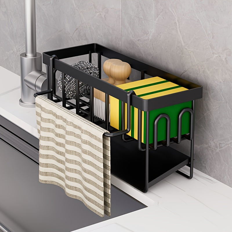 Black and white kitchen sink organizer with towel rack - includes metal sponge holder, dish soap caddy, and self-draining tray, offering versatility.