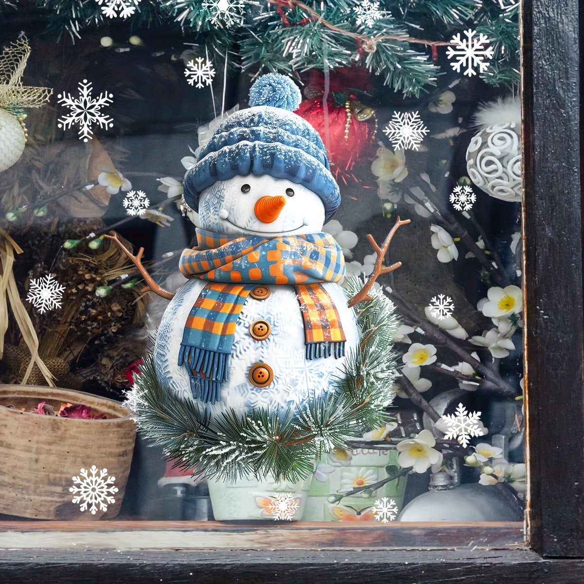 Winter holiday decoration - Double-sided Christmas Snowman window cling with blue hat and scarf, made of removable PVC static decal for festive home and mall glass decor.