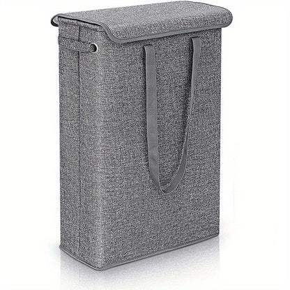 Tall, slim laundry hamper with lid and handles for bathroom, bedroom, or dorm organization. Made of waterproof linen fabric.