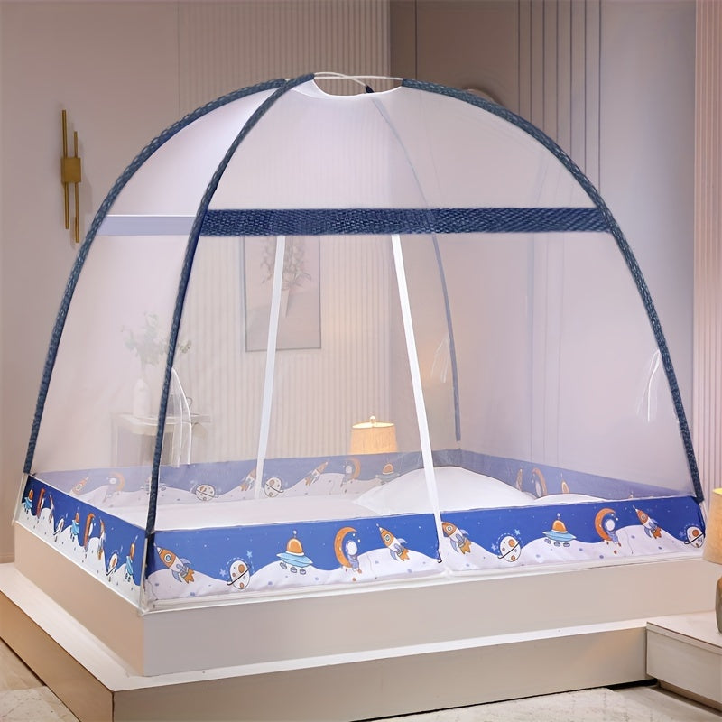 This product is a 1-piece Pop-Up Mongolian Yurt Mosquito Net designed for bedrooms. It can be set up in just 1 second and provides 360° protection. The net offers a large space and features a fun cartoon design. It serves as an anti-mosquito tent bed