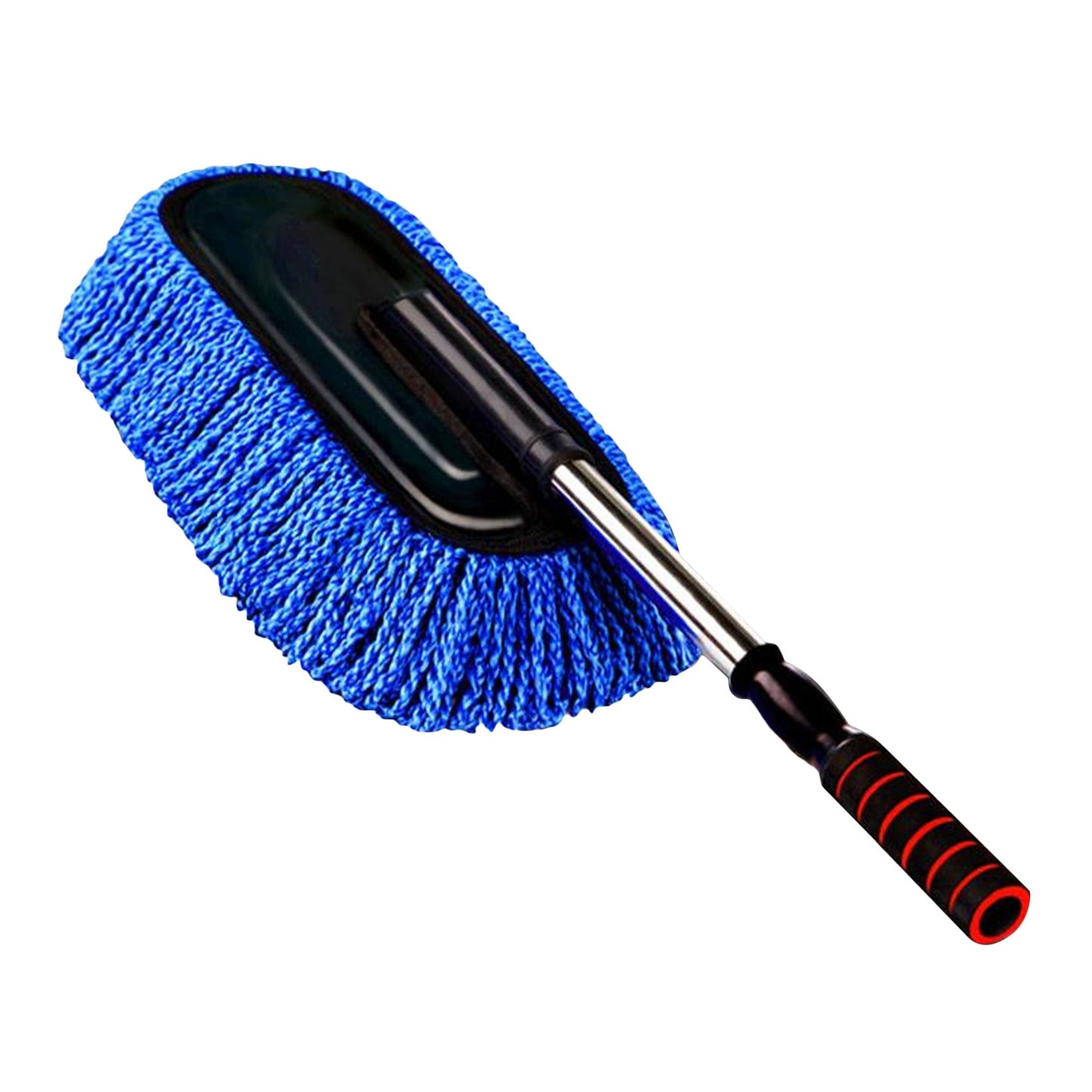 Extendable car wash mop with detachable microfiber pads for dusting and waxing, with stainless steel handle, ideal for reaching tight spaces.