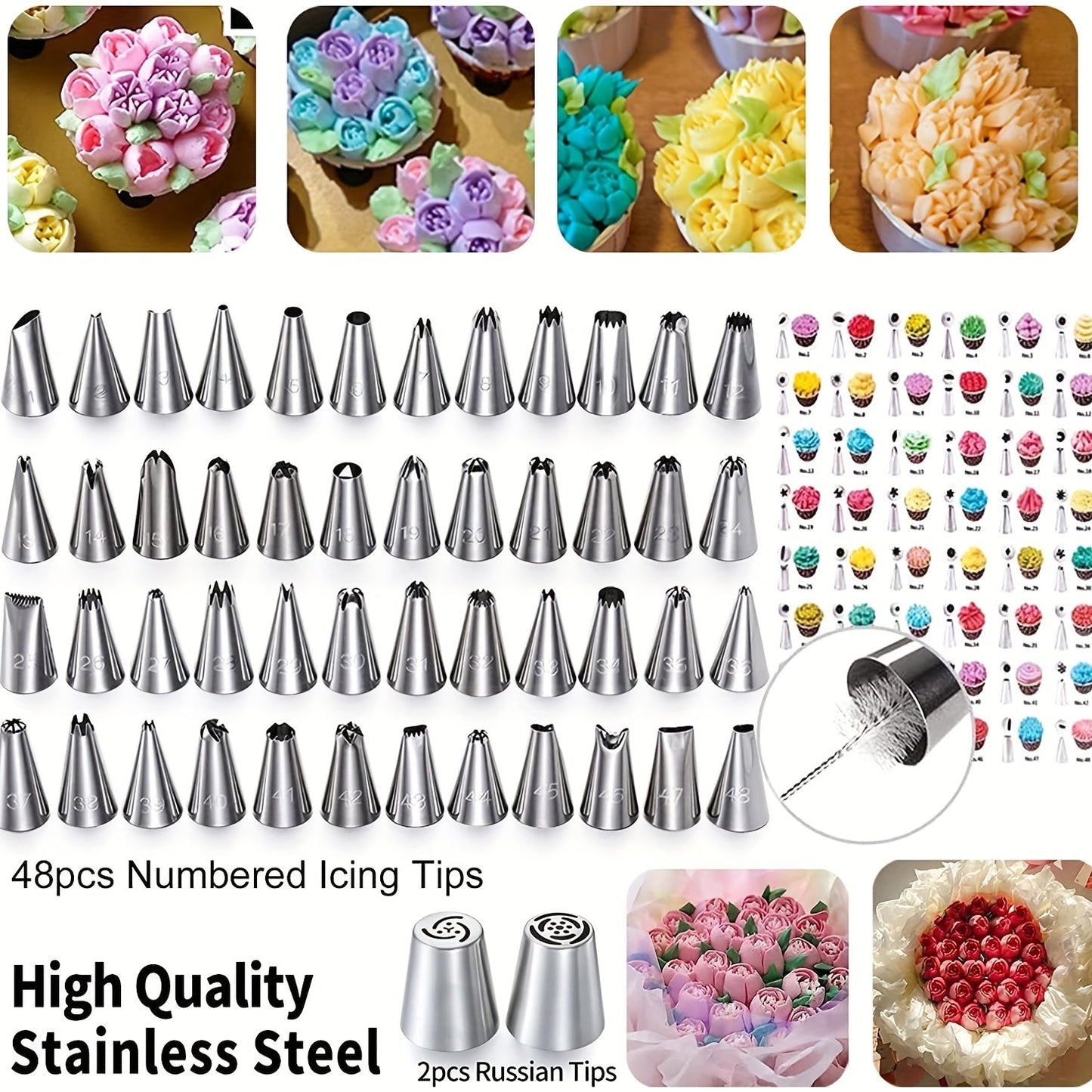 Cake lovers and beginners alike will love this baking supplies set, which includes 322 pieces of cake decorating supplies. This set comes with 1 cake stand, 48 numbered icing tips, Russian nozzles, smoother spatulas, muffin cups, and everything else you