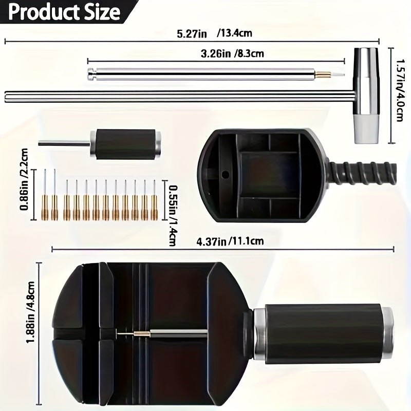 The Professional Watch Adjustment Set includes a 16-piece Stainless Steel Watch Link Removal and Band Sizing Tool Kit with a Plastic Body, ready to use with no assembly required.