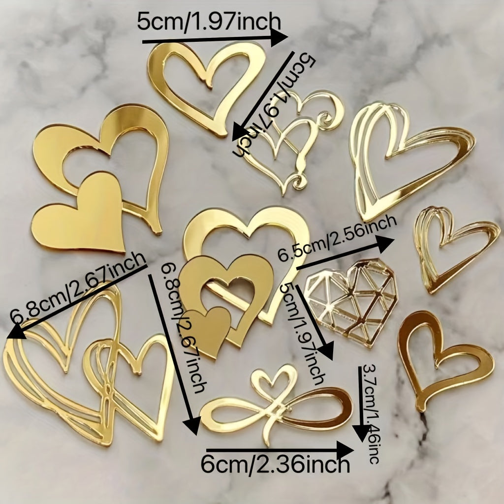 Set of 10 Valentine's Day heart-shaped acrylic cake toppers for party decor.