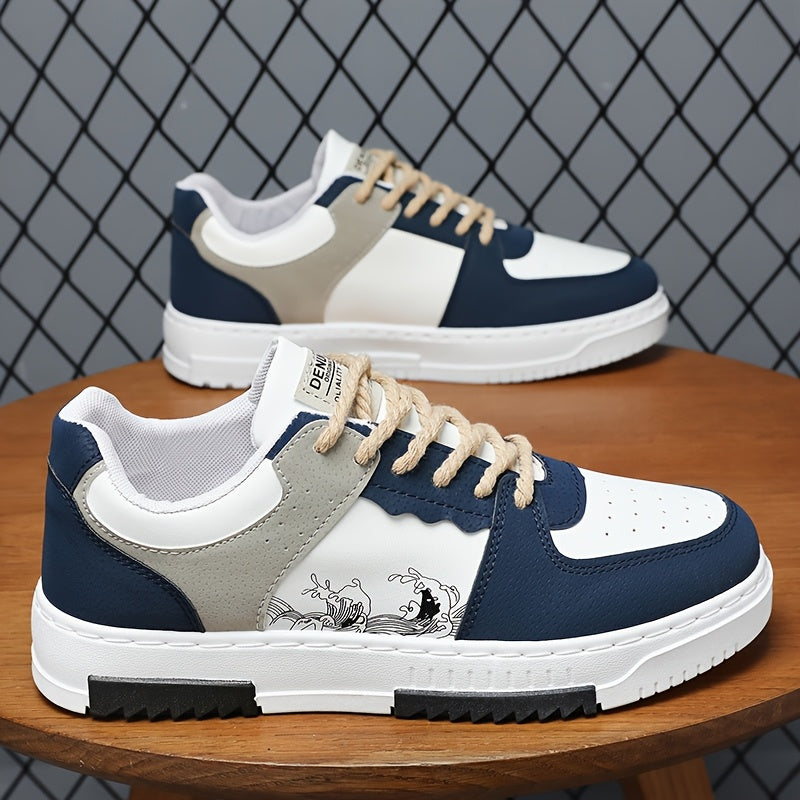 Vintage preppy men's sneakers with thick, non-slip sole and cartoon pattern design, perfect for outdoor activities.