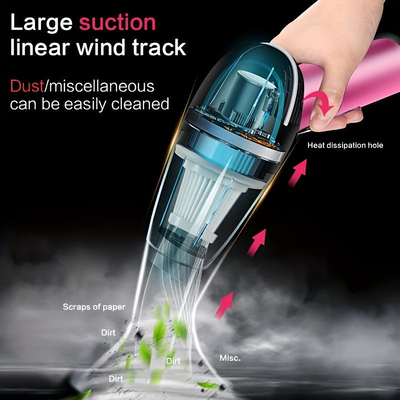 Portable mini handheld pink car vacuum cleaner with powerful suction, high capacity for wet and dry cleaning, perfect for removing pet hair and offering multifunctional use.