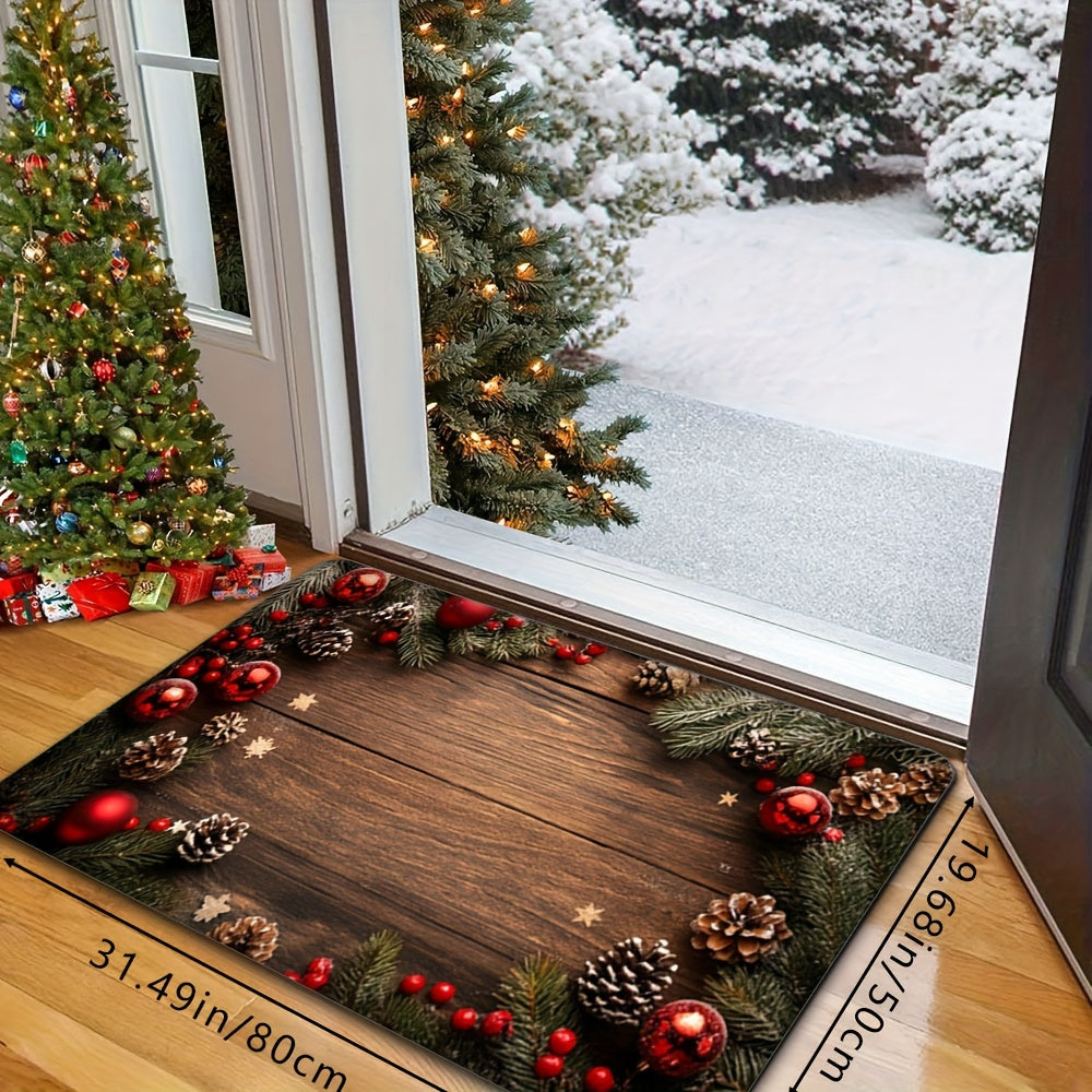 This decorative non-slip mat, perfect for the winter holidays, features charming patterns of New Year and Christmas elements such as faux wood grain, pine trees, pine cones, and snowflakes. It is ideal for adding a festive touch to bedrooms, living