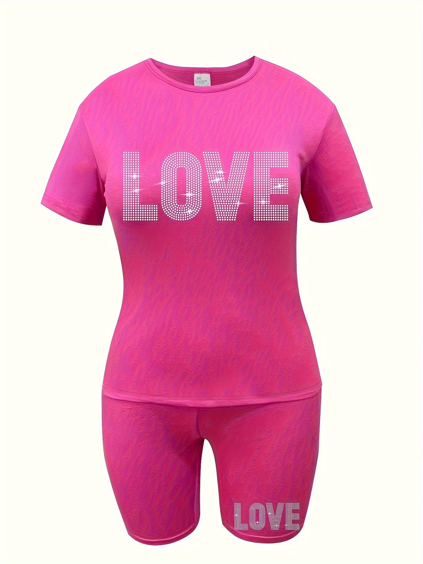 Plus-size women's casual polyester T-shirt and shorts set with alphabet love print, ideal for daily wear.