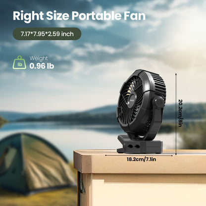 Portable camping fan with LED lights, rechargeable USB fan with long standby time, 360° rotating fan, LED display and hook for convenient hanging, clip-on design suitable for tent, bedroom, and outdoor use.