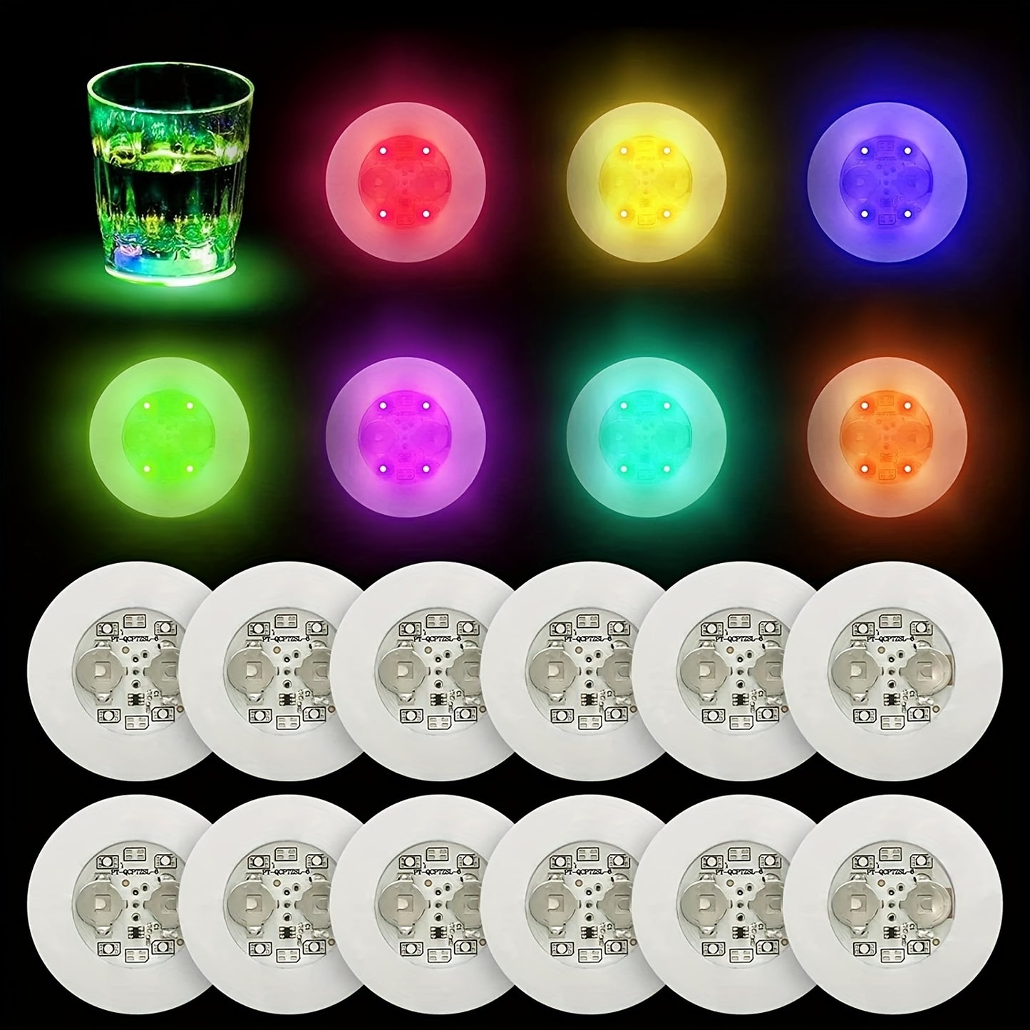 LED Coaster Stickers in sets of 1, 5, or 10 to decorate drinking glass cups, wine bottles, and liquor bottles for party lighting.