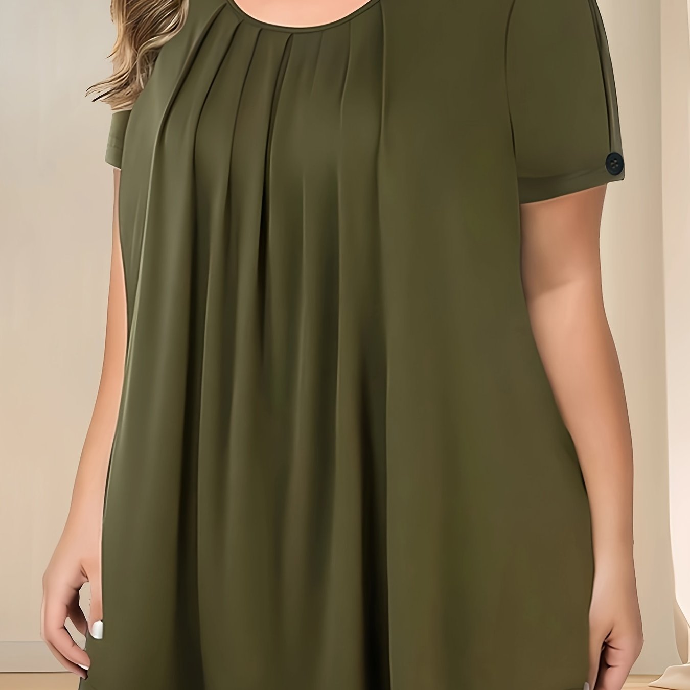 Pleated button detail T-shirt for plus size women, perfect for spring & summer.