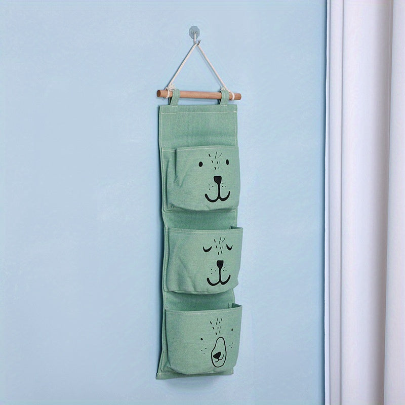 Adorable cartoon bear wall hanging storage organizer with plastic over-the-door pockets for bedroom, bathroom, and kitchen accessories.