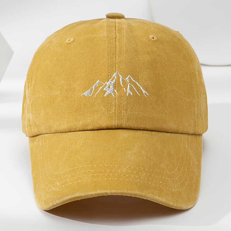 High-quality polyester baseball cap with mountain peak embroidery. Adjustable and breathable, ideal for outdoor activities.