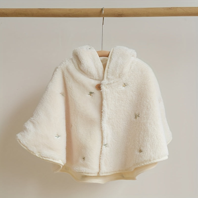 Children's hooded cape with outer coral velvet and inner linen, featuring a thickened design for windproof protection. This high-end cloak includes an embroidered pattern, perfect for keeping your baby warm and stylish during outings.