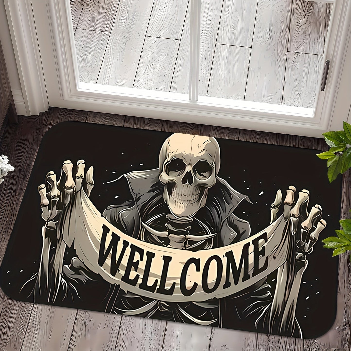 Enhance your home decor with the Halloween Skull Welcome Door Mat. This non-slip, easy-to-clean, stain-resistant rug is made of machine washable flannel memory foam and perfect for use in the bathroom, living room, bedroom, kitchen, office, or vacation