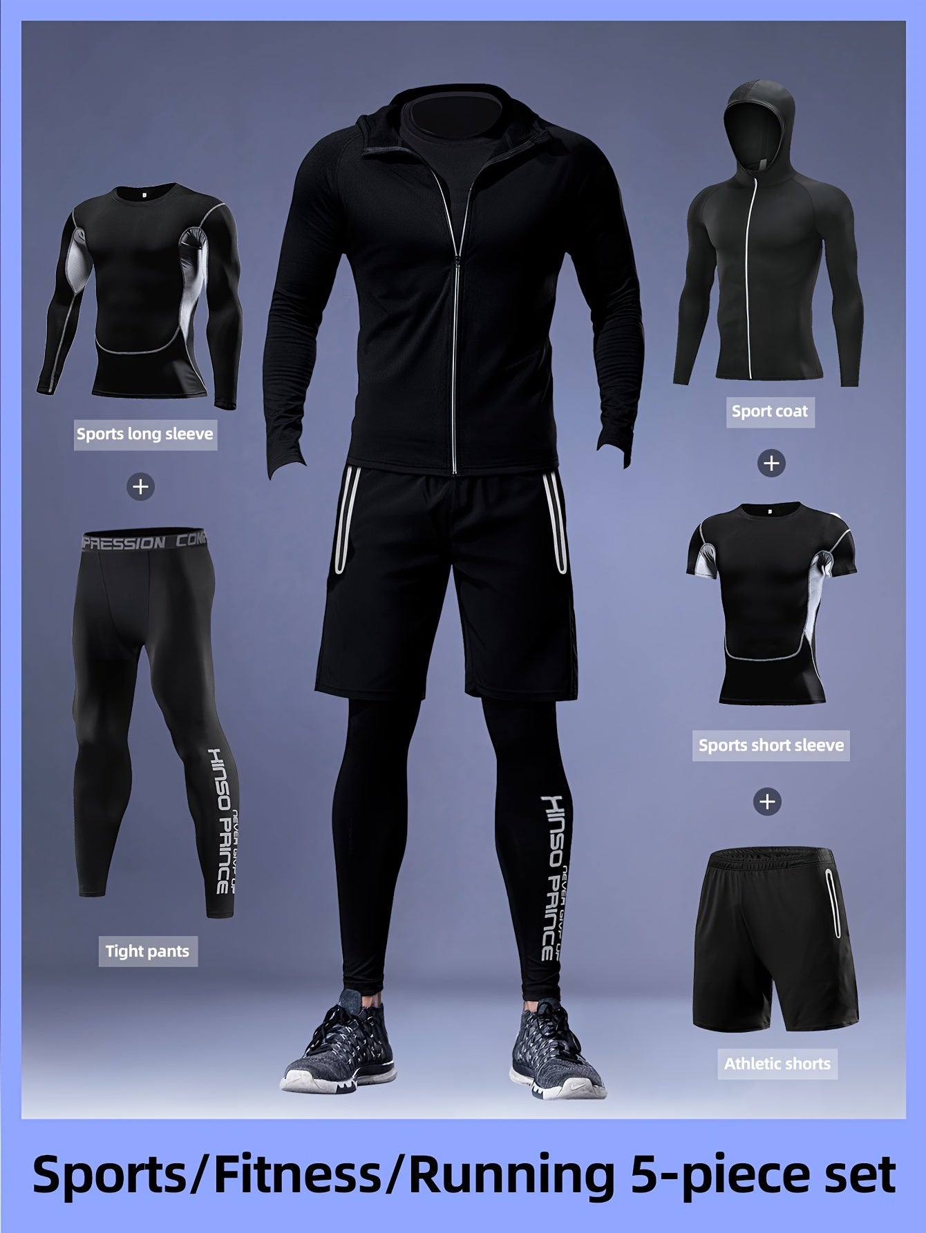 5-piece set for outdoor activities: Color block compression shirts, hooded jacket, leggings, and shorts.