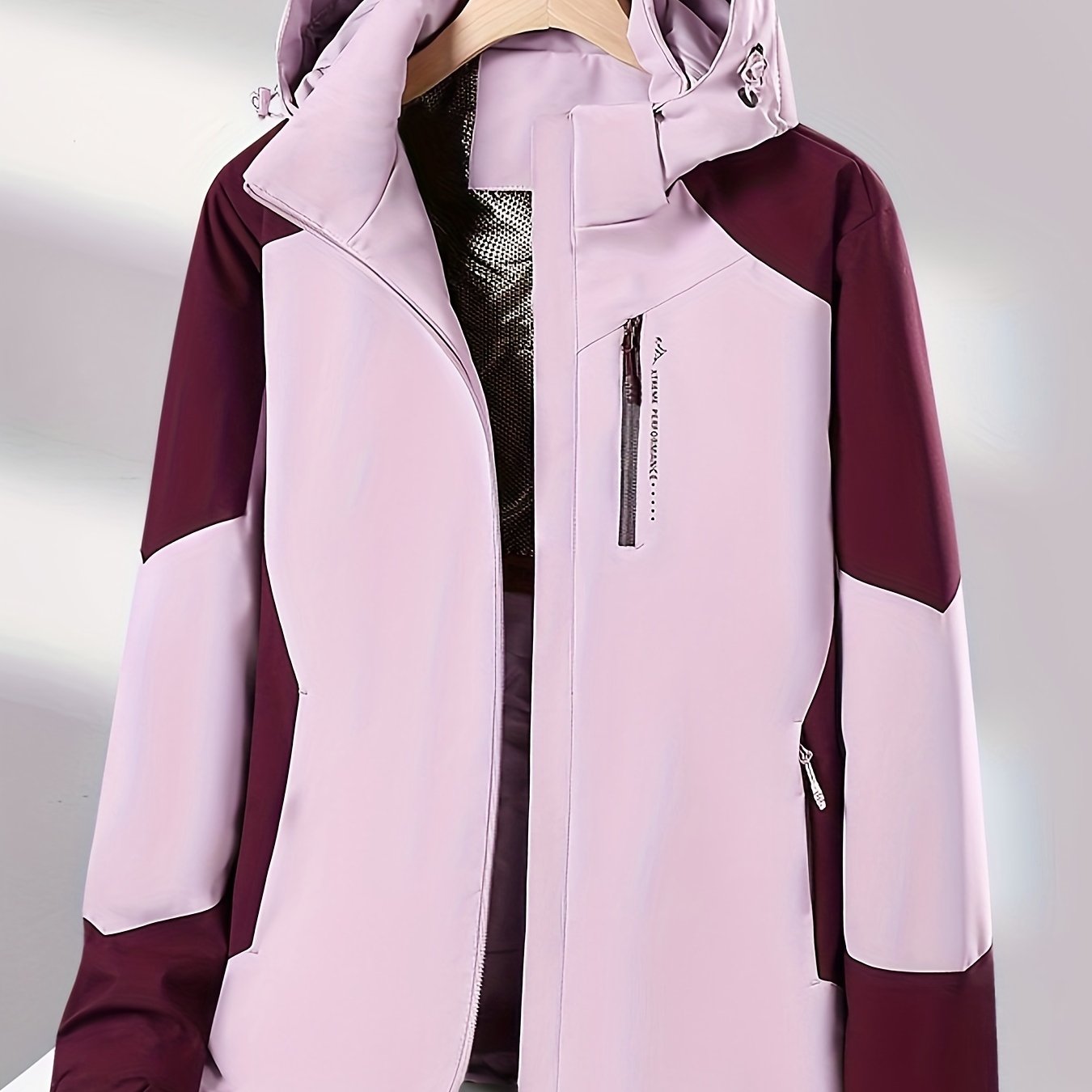 Women's Color Block Hooded Polyester Winter Sports Jacket with Waterproof and Lightweight features, Long Sleeve Zippered Coat with 100% Polyester Lining, H Fit, 150g/m² Fabric Weight.