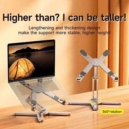 Portable aluminum laptop stand with 360° rotation, heat dissipation, and foldable design.