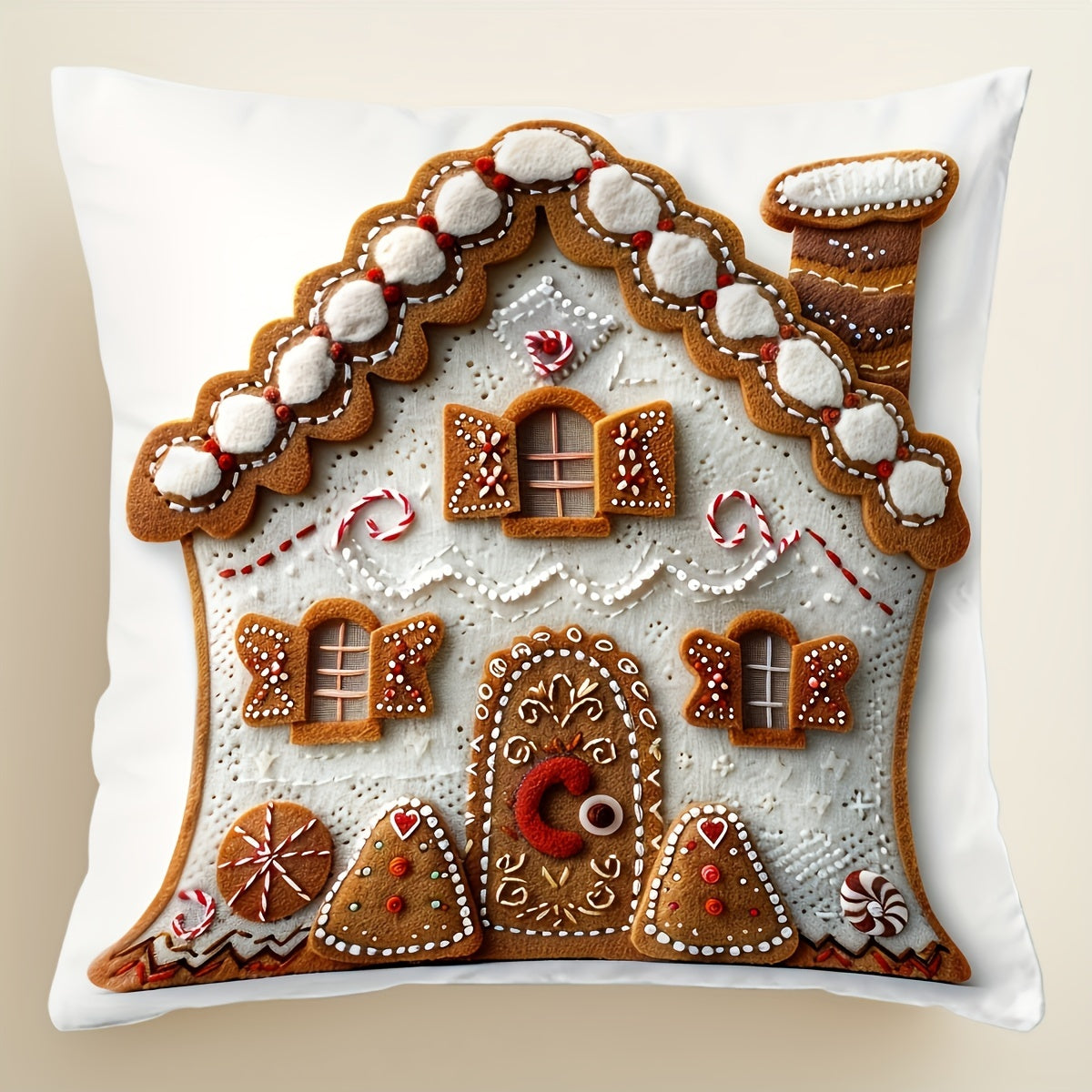 1PC Contemporary Gingerbread House Throw Pillow Cover, 100% Polyester with Zipper Closure, Machine Washable - Festive Christmas Design, 45.72x45.72 cm. Ideal for Living Room, Sofa, Farmhouse, Porch.