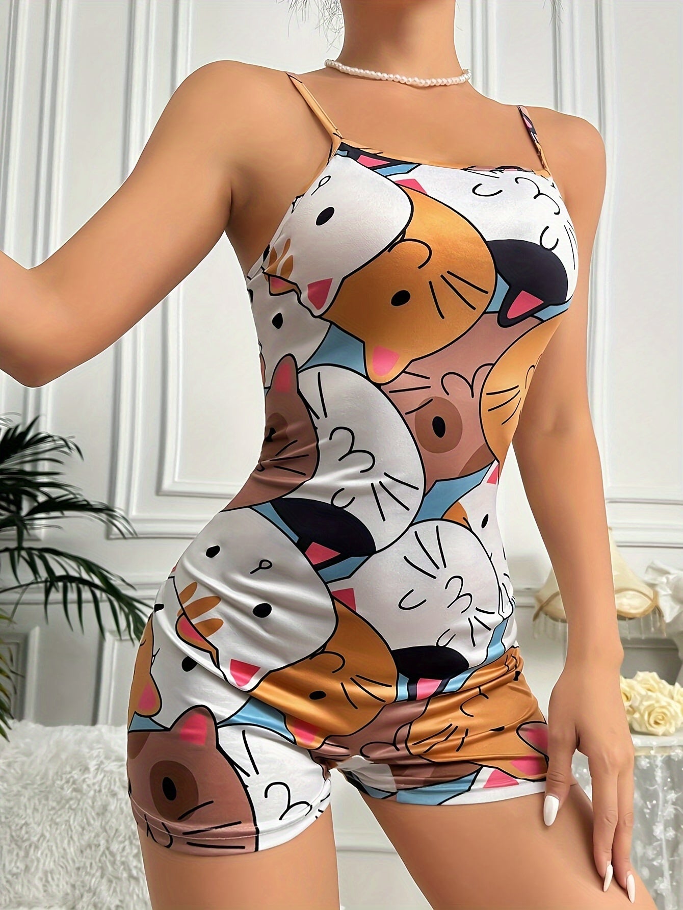 Ayollar uchun mushuk printli lounge bodysuit, yoz uchun mukammal.