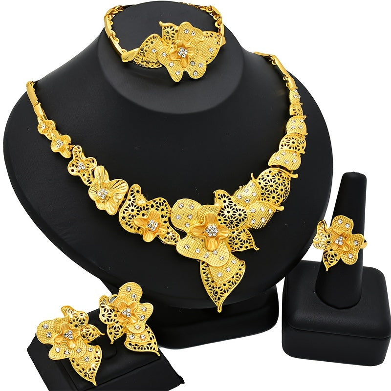 Extravagant Alloy 18K Gold Plated Hollow Flower Rhinestone Jewelry Set - Elegant Traditional Bridal Set for Wedding, Parties, and Special Occasions - Includes Necklace, Ring, Earrings, and Bracelet - Perfect Gift for Anniversaries and Holidays