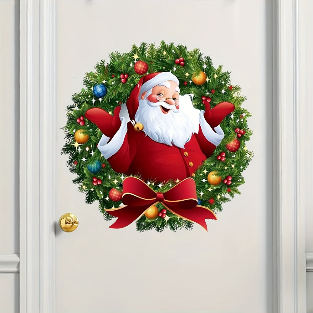 Modern Santa Claus wreath window stickers made from polyvinyl chloride with self-adhesive for easy home decorating. These glossy holiday PVC window clings are reusable and have other embellishment features, with a 2mil thickness.