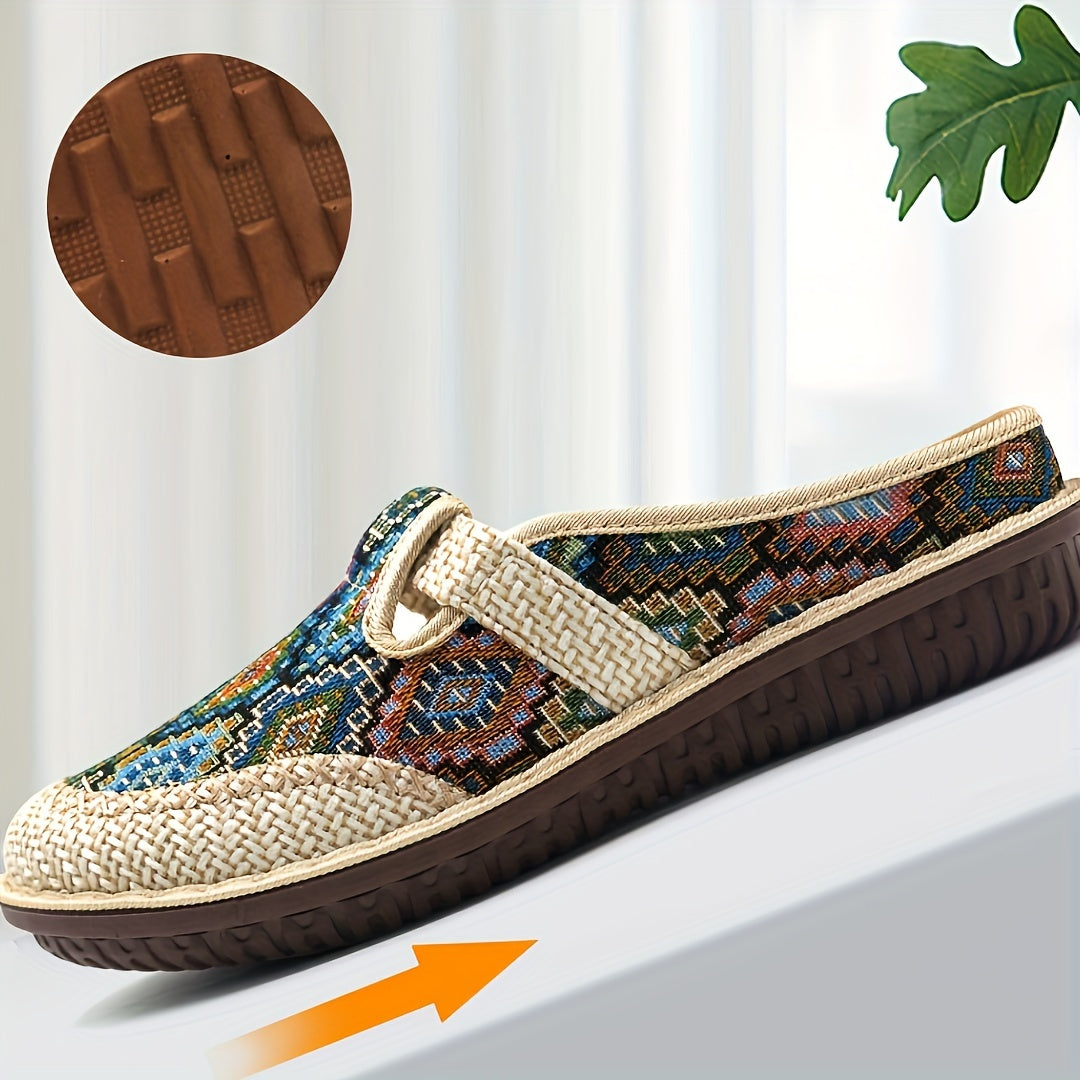 Colorful geometric print mules for women, comfortable for daily wear.