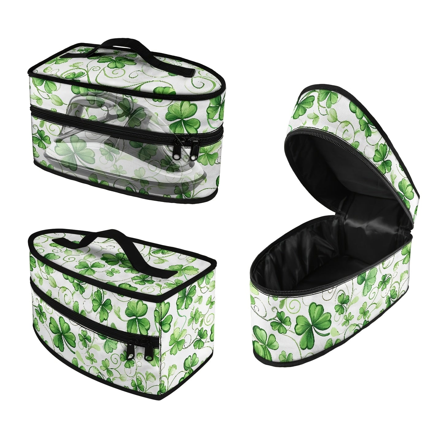 Portable ironing bag with St. Patrick's Day cloverleaf design, perfect for travel or storage. Features top handle and double zipper for easy access. Made of polyester material, dust proof. Ideal holiday gift for anyone in need of a stylish accessory.