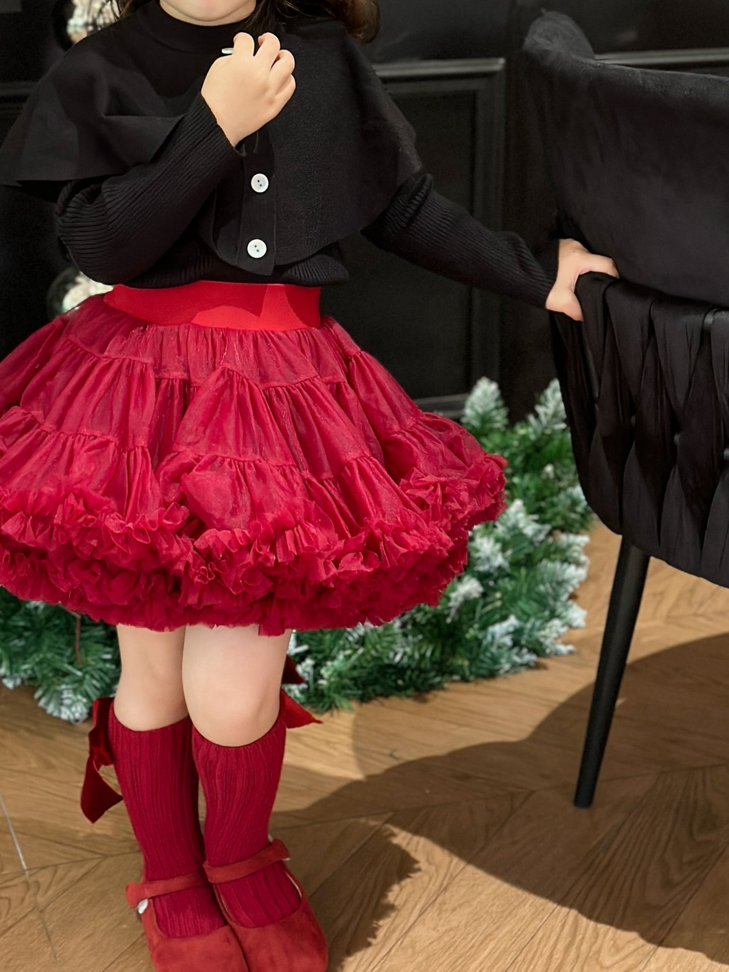 Girls' Princess Skirt in charming wine red baroque style, with tulle overlay, 100% polyester, perfect for all seasons.