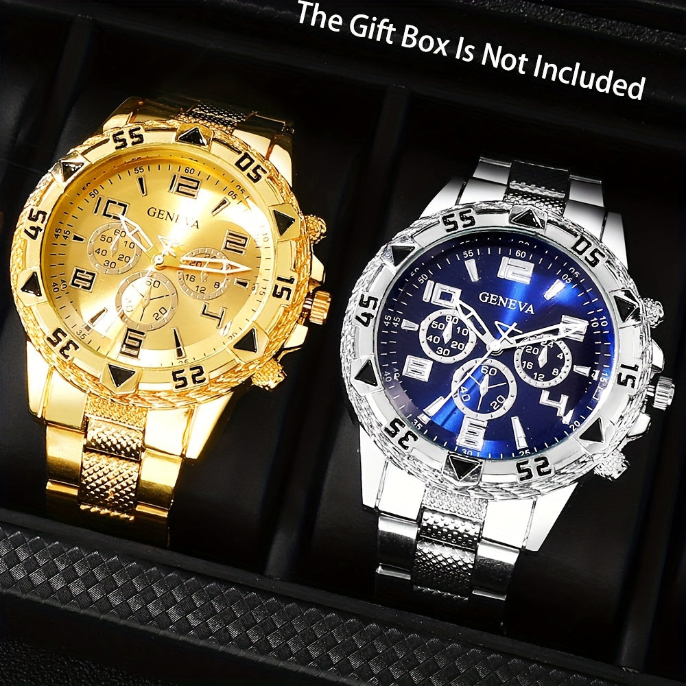 This Geneva Quartz Watch Set for Men includes 3 pieces with a cool and handsome style. Each watch features a round dial, non-waterproof design, stainless steel strap, and zinc alloy case. The set is powered by electronic movement and makes an ideal gift