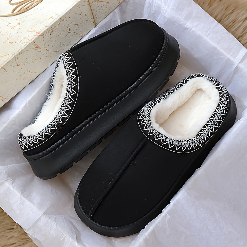 Warm and stylish beige flannel slippers for women with plush lining and striped cuff detail, suitable for indoor and outdoor wear.