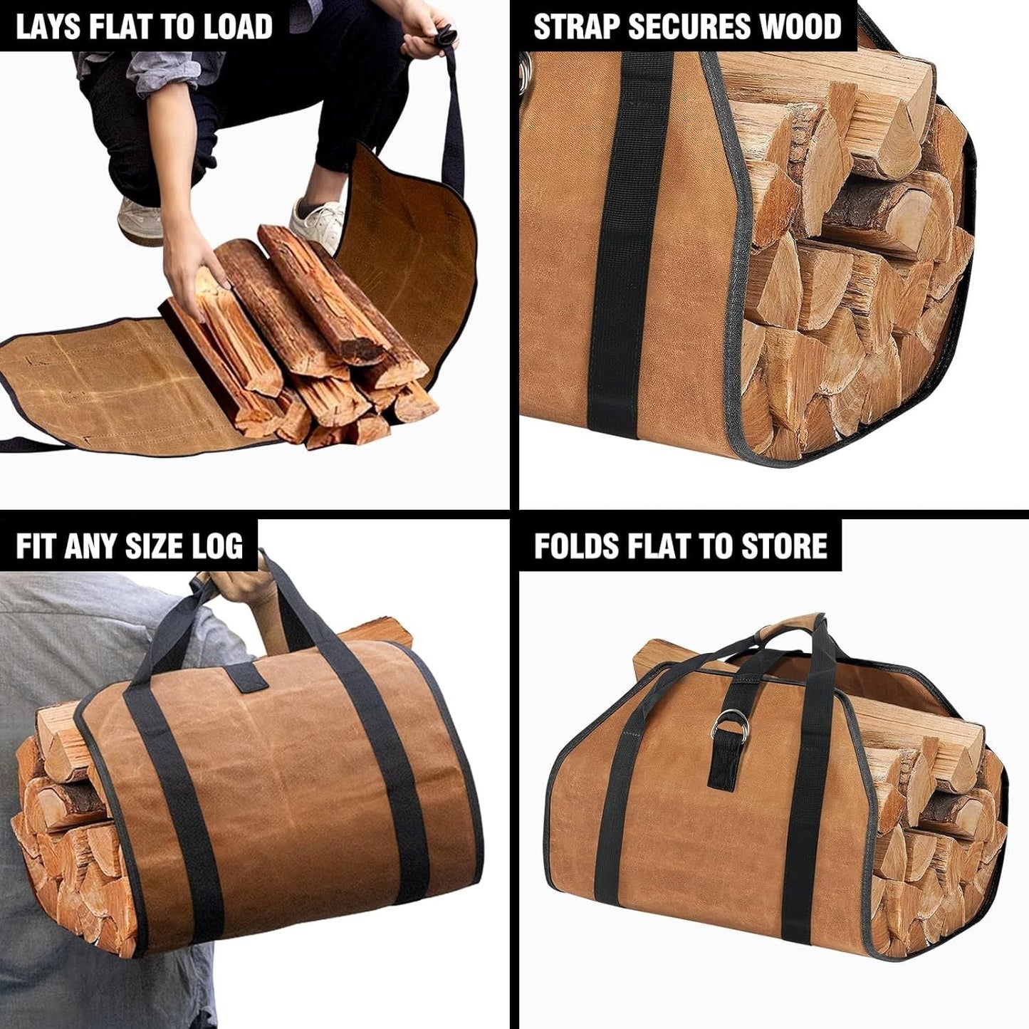 Strong and Sturdy Firewood Carrier Bag - Robust PVC Log Tote with Tough Handles - Convenient Outdoor Wood Carrying and Storage Bag for Camping, Fireplace Use