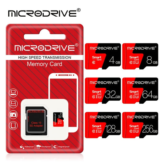 Microdrive offers high-speed TF SD memory cards in sizes ranging from 4GB to 256GB, with a 4K HD USB card reader adapter included.