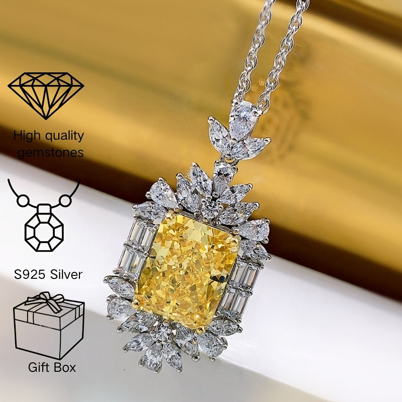 Sophisticated 925 Sterling Silver Pendant Necklace featuring a Radiant Cut Yellow Synthetic Gemstone and sparkling Cubic Zirconia accents. This uncoated piece is a glamorous addition to your everyday jewelry collection. A perfect Valentine's Day gift