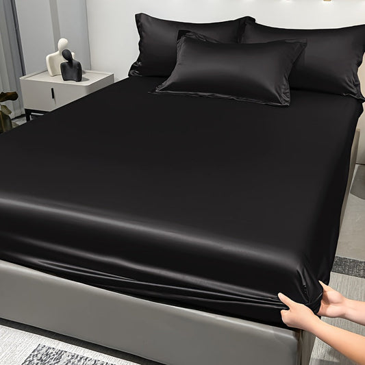 Black satin fitted sheet made from soft, comfortable and silky viscose material. Perfect for bedroom or guest room with deep pocket design. Includes only the fitted sheet, without pillowcase.