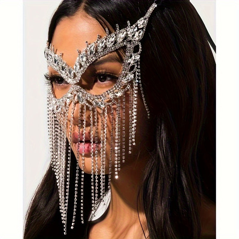 Exquisite Masquerade Party Mask with Long Tassel and Rhinestones - Perfect for Bridal Crystal Wedding Accessories