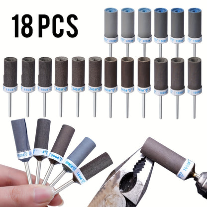 Sanding drums set with 1/8" shank includes 18 pieces with multi-grit (180/240/600/1000/1500/2000) for metal rust removal and stone grinding. Compatible with rotary tools.