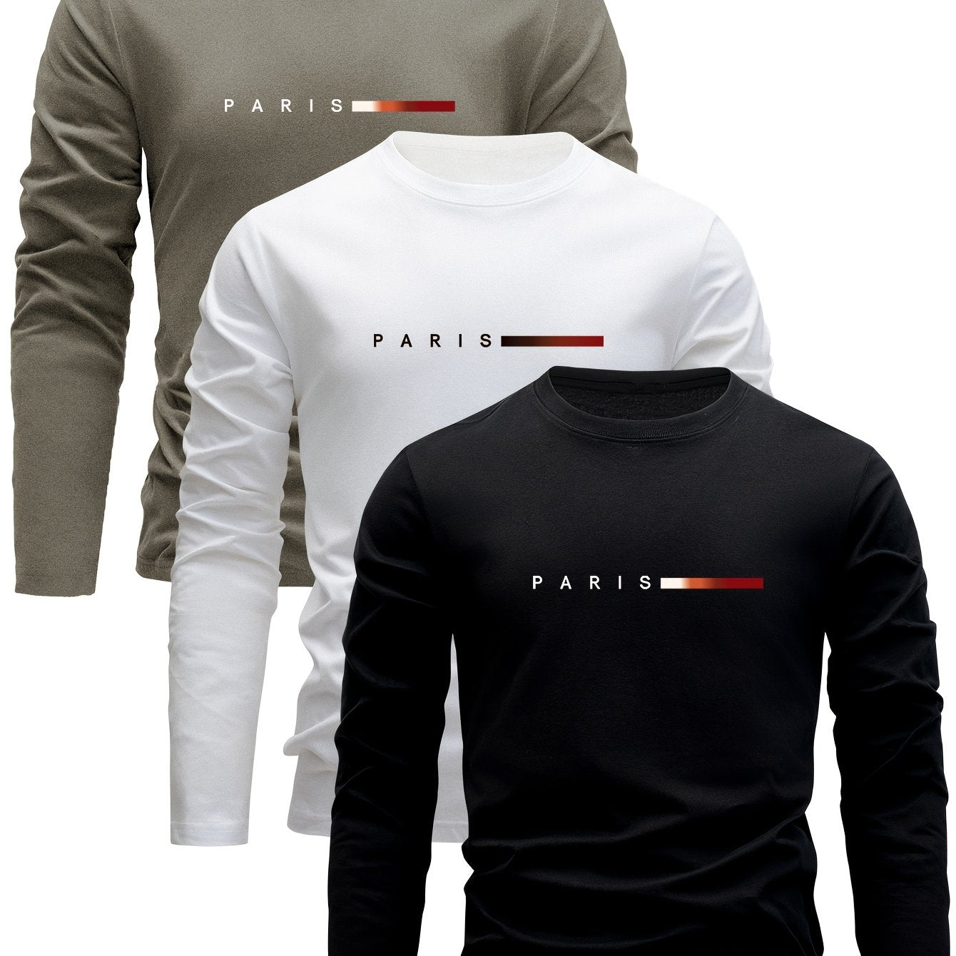 Set of 3 men's long sleeve cotton t-shirts with Paris print design, ideal for spring/fall wear, indoors or outdoors.