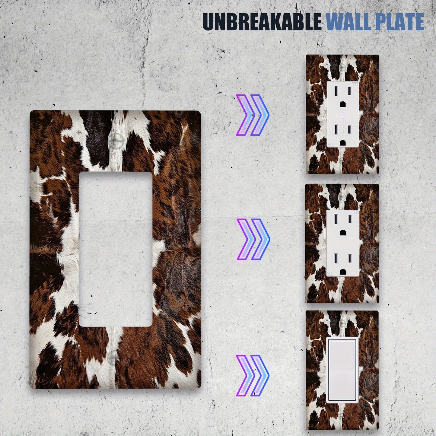 Cowhide pattern wall plate for indoor/outdoor use, fits 1-2 sockets in bedroom, kitchen, or bathroom.